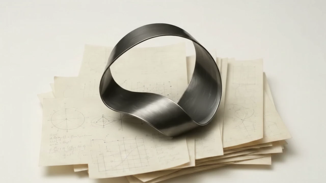 Scultura metallica rotante su carte matematiche